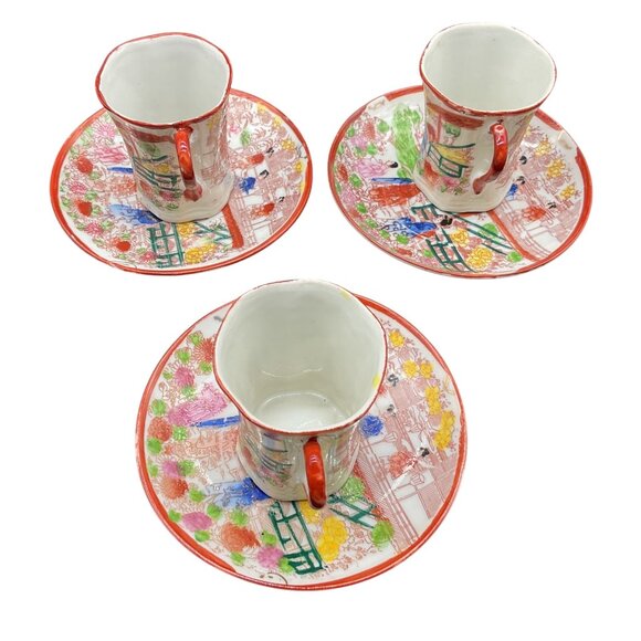 Vintage 1920s Geisha Painted Egg Shell Porcelain Set of 3 Cups & Saucers Japan - Picture 2 of 5